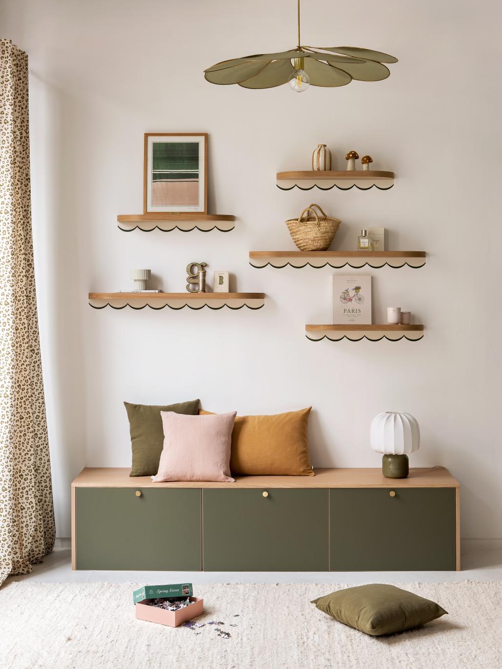 Banquette Duo Moss et frises Coup de Théâtre Olive Bilboquet Deco x Plum Living